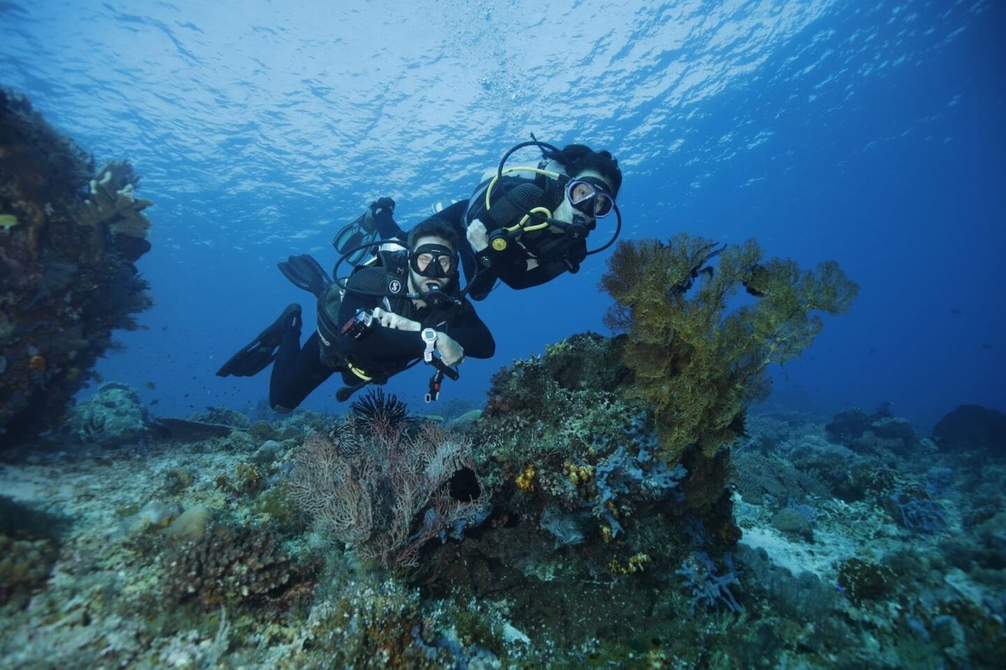 Divers following safe diving practices underwater